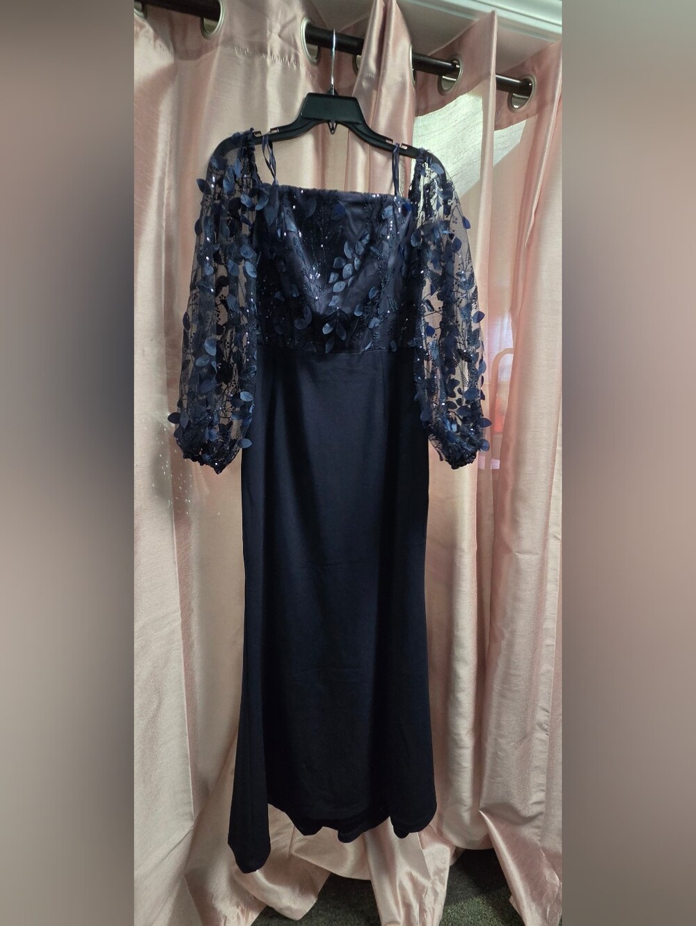 Eliza J Navy Off-Shoulder A-Line Dress with Sheer Appliqué Sleeves